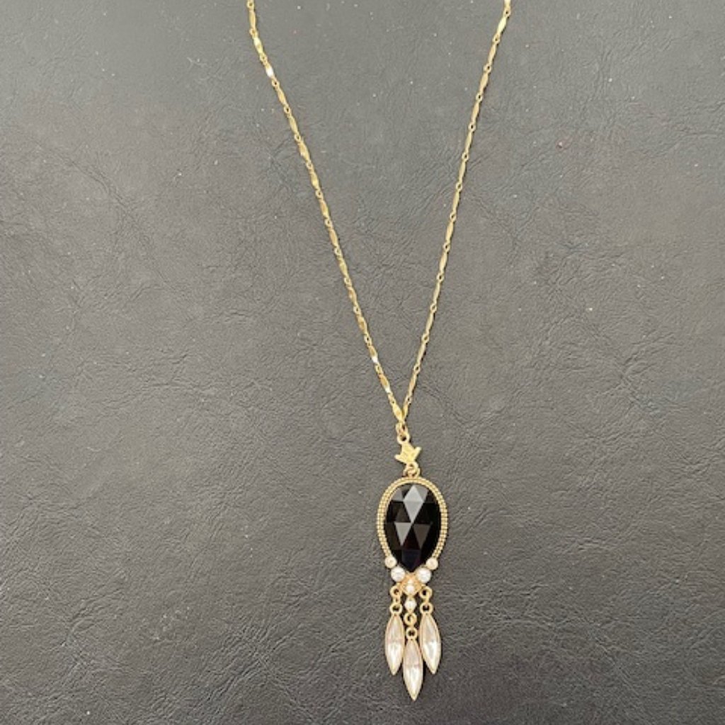 Necklace By 1928 Co-Gold Tone Metal-Black Clear Stones-None Removable Pendant 29$